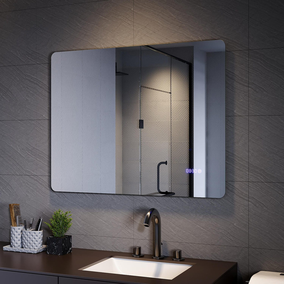 ELEGANT SHOWERS Anti-fog Clock LED Illuminated Bathroom Mirror