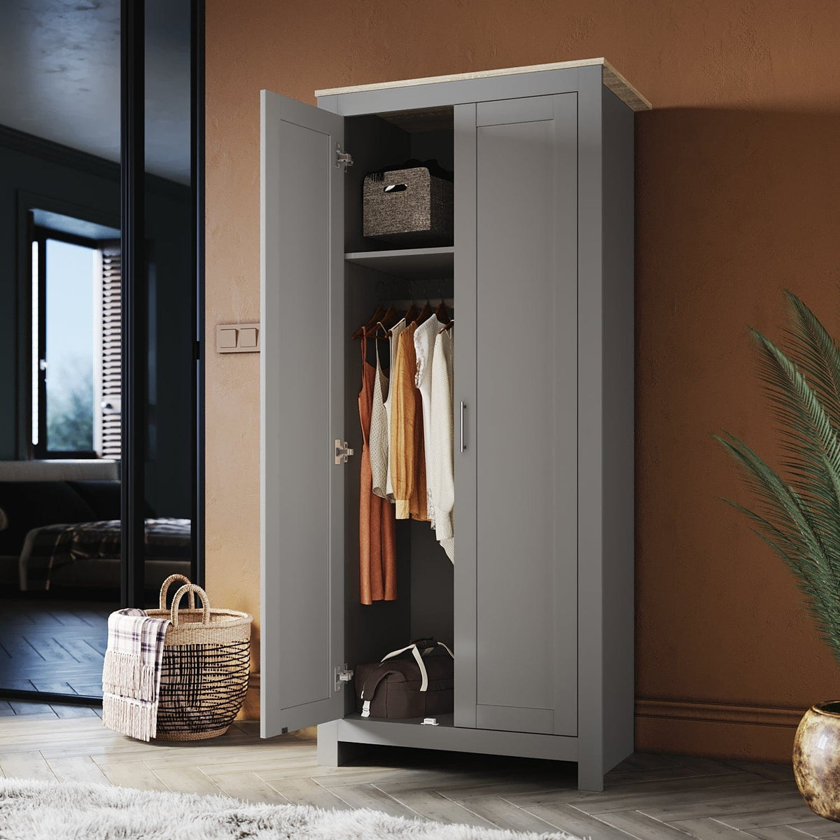 White Solid Wood Wardrobe with 2 Doors 180cm Clothes Closet for Hanging Clothes - Elegantshowers