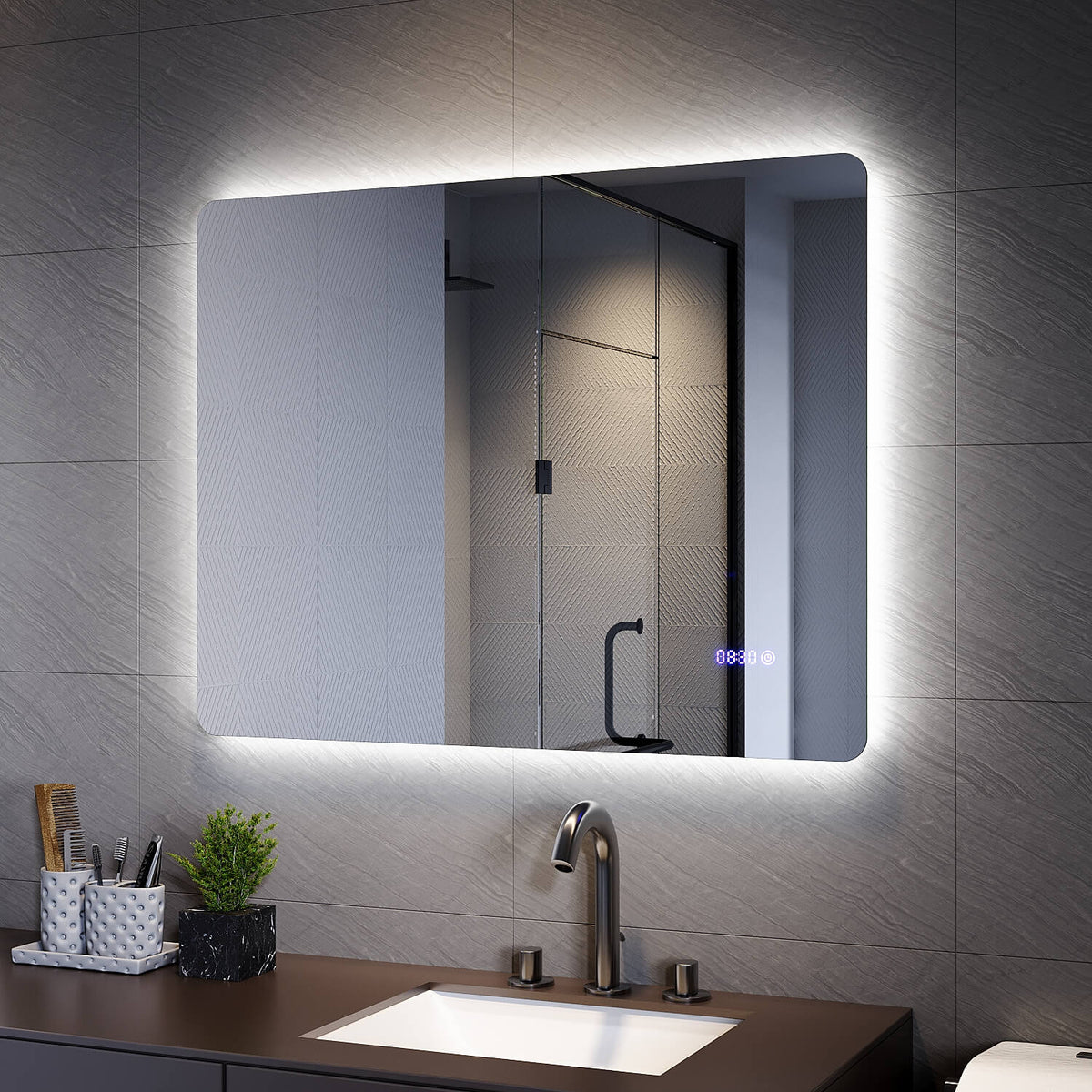 ELEGANT SHOWERS Anti-fog Clock LED Illuminated Bathroom Mirror