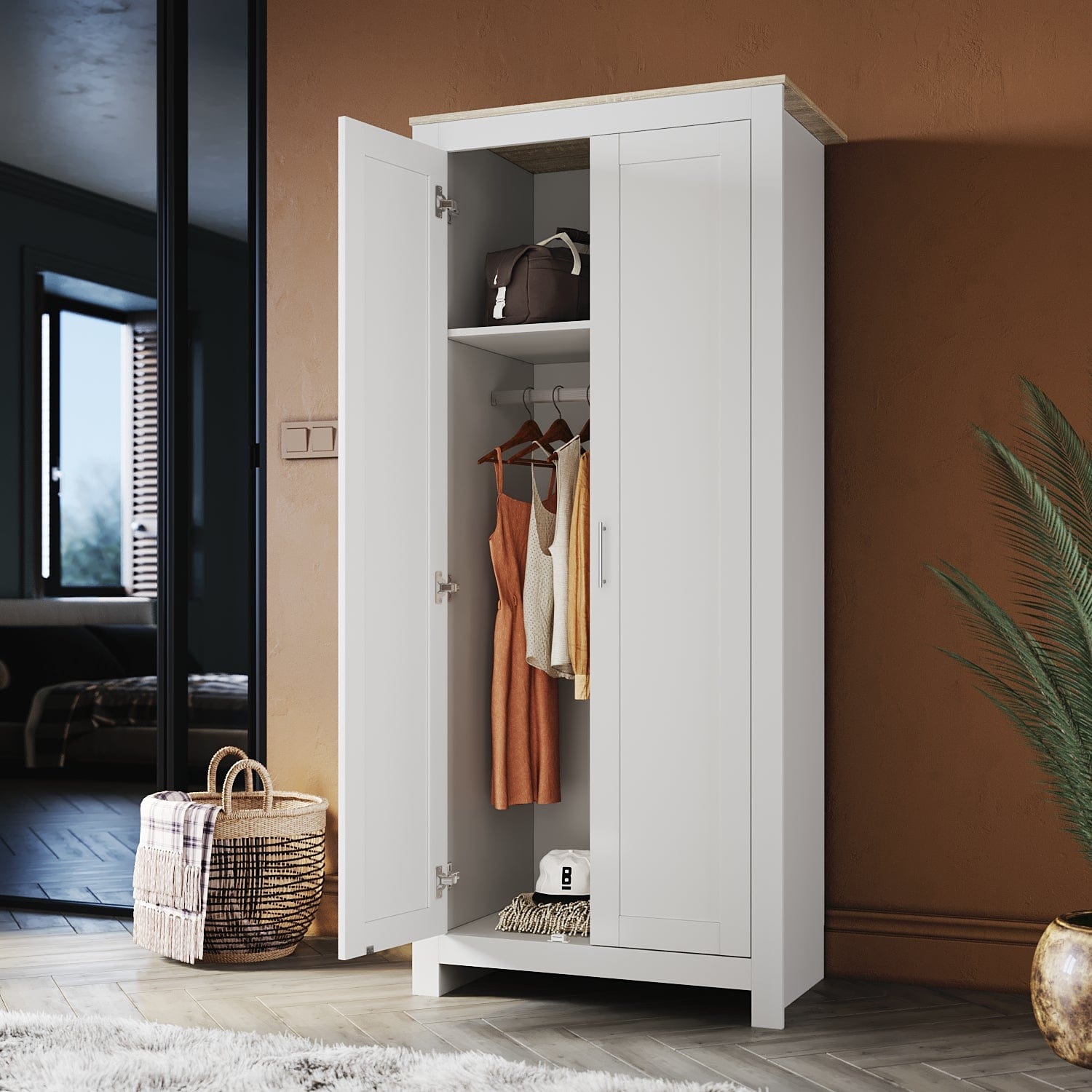 White Solid Wood Wardrobe with 2 Doors 180cm Clothes Closet for Hanging Clothes - Elegantshowers