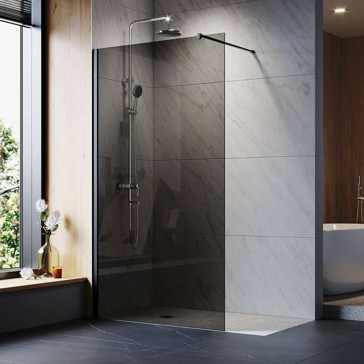 ELEGANT SHOWERS Dark Gray Glass Black Walk in Shower Screen