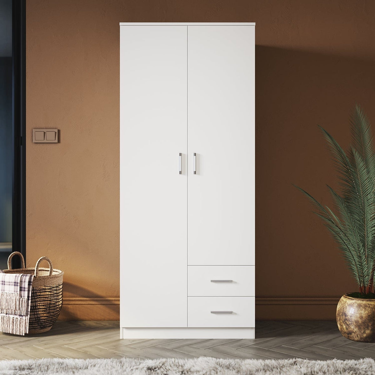 ELEGANT Wardrobe 2 Doors 2 Drawers 180cm White Wooden Storage Cabinets - Elegantshowers