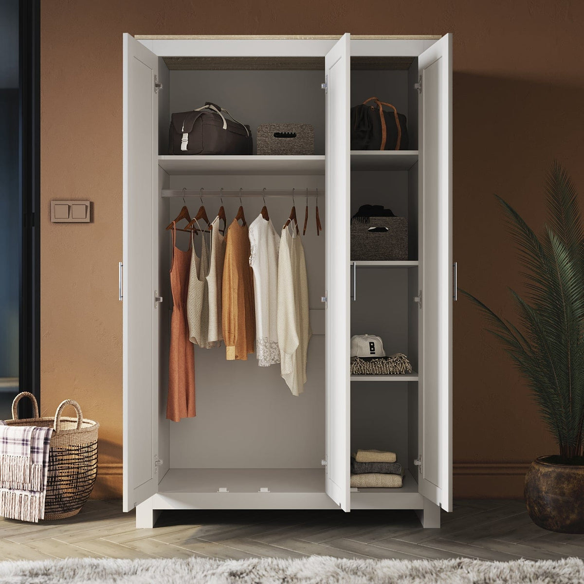 180cm Simple Design Wooden Storage Cabinet Large Grey Wardrobe with 3 Doors - Elegantshowers