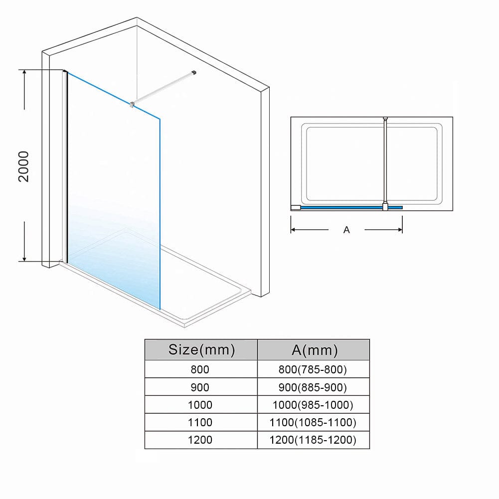 ELEGANT SHOWERS Walk In Shower Screen Black Hardware Enclosure Frameless Glass Size Description - Elegantshowers