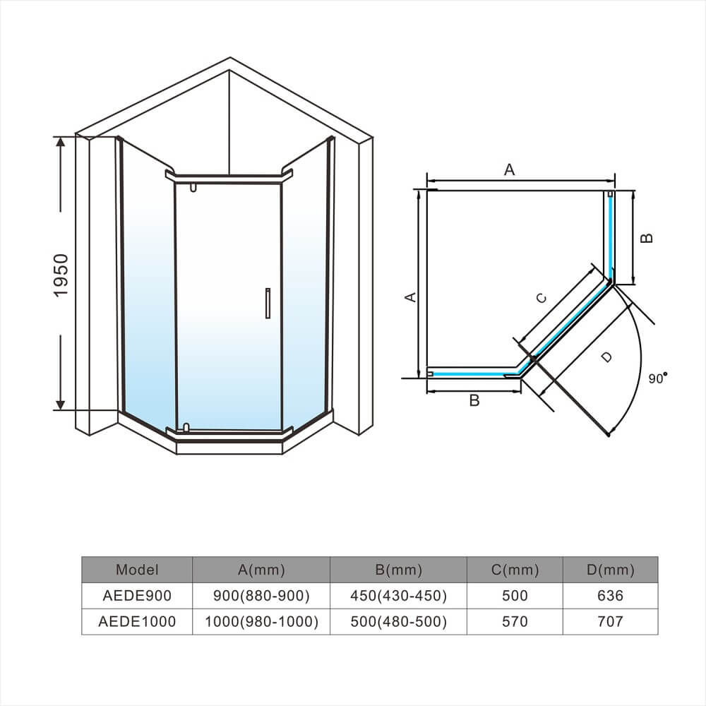 Semi Frameless Diamond Shower Screen dimensions