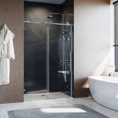 Dynamic display of silver frameless sliding shower door with 10mm glass from front view