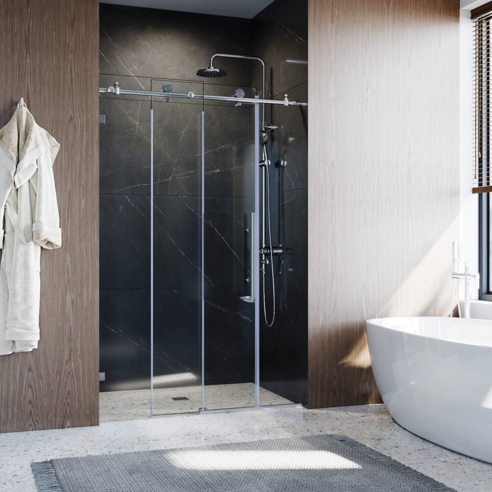 silver frameless sliding shower door with 10mm glass half open