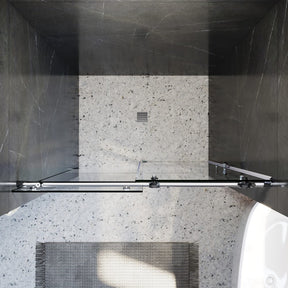 Top view of silver frameless sliding shower door with 10mm glass