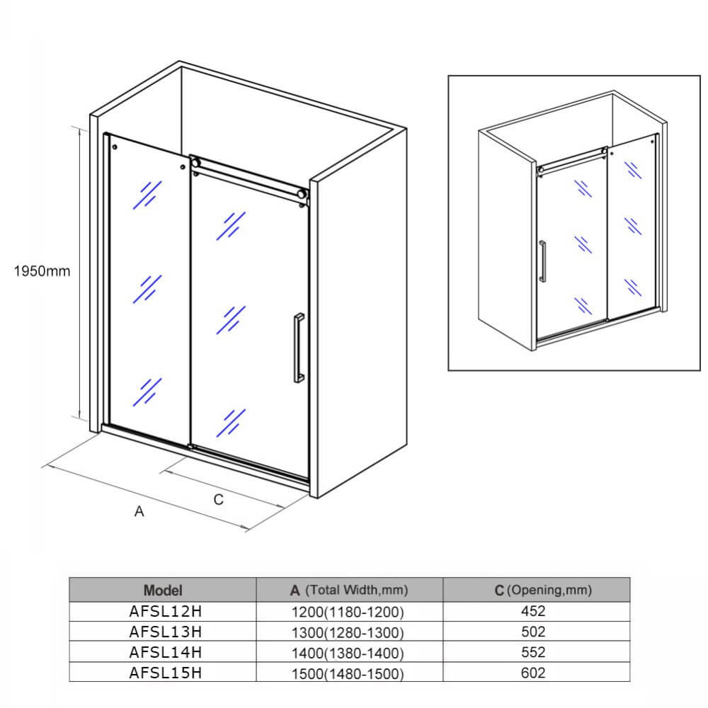 Dimensions 1 of silver frameless sliding shower door with 8mm glass