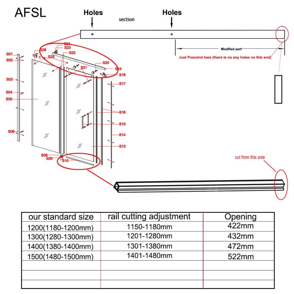 Dimensions 2 of silver frameless sliding shower door with 8mm glass